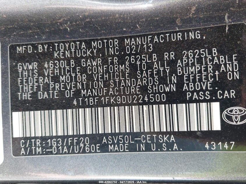 2013 Toyota Camry VIN 4T1BF1FK9DU224500 IAAI salvage auction — FRONT END, Salvage Title, sold $550 on 2026-07-20 (photo 9)
