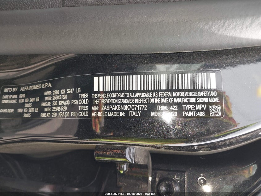 2019 Alfa romeo Stelvio VIN ZASPAKBN0K7C71772 IAAI salvage auction — LEFT SIDE, Salvage Title, sold $1,850 on 2026-07-24 (photo 9)