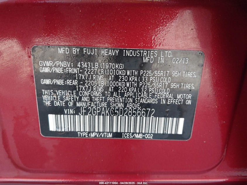 2013 Subaru Xv crosstrek VIN JF2GPAKC5D2856672 IAAI salvage auction — FRONT END, Salvage (Oregon), sold $375 on 2026-07-10 (photo 9)