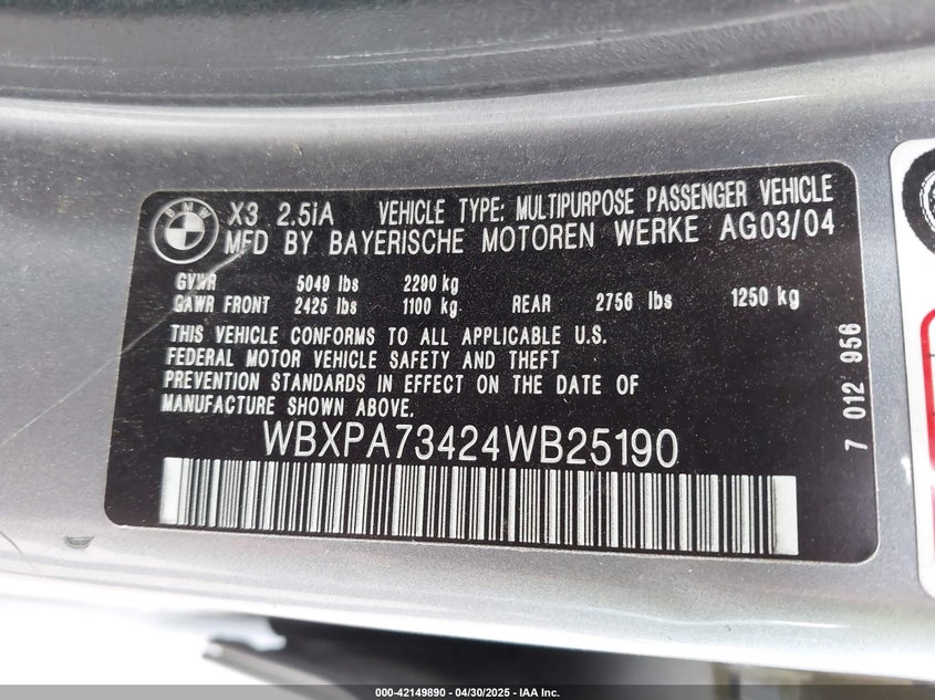 2004 BMW X3 VIN WBXPA73424WB25190 IAAI salvage auction — RIGHT FRONT, Salvage (Idaho), sold $475 on 2026-07-20 (photo 9)