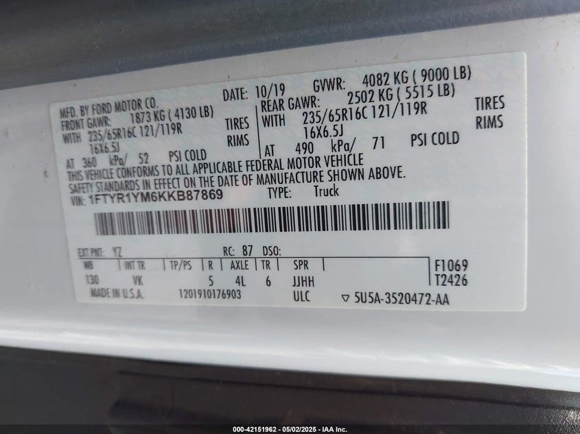 2019 Ford Transit-250 VIN 1FTYR1YM6KKB87869 IAAI salvage auction — NORMAL WEAR, Clear (Hawaii), sold $10,000 on 2026-08-18 (photo 9)