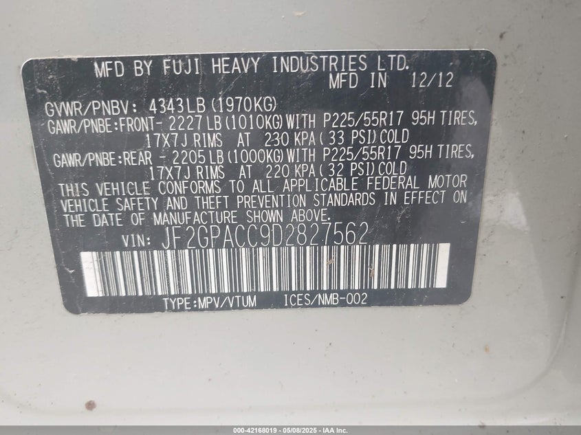 2013 Subaru Xv crosstrek VIN JF2GPACC9D2827562 IAAI salvage auction — FRONT END, Salvage Title, sold $550 on 2026-07-20 (photo 9)