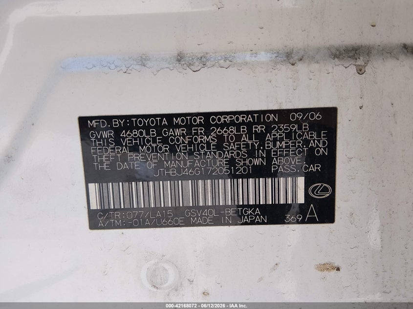 2007 Lexus Es 350 VIN JTHBJ46G172051201 IAAI salvage auction — RIGHT SIDE, Salvage (California), sold $350 on 2026-07-29 (photo 9)