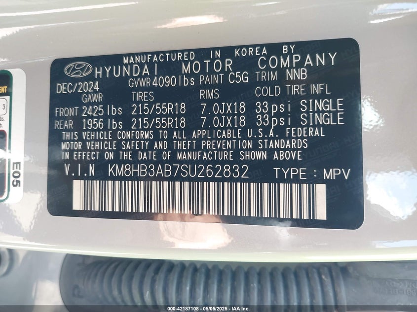 2025 Hyundai Kona VIN KM8HB3AB7SU262832 IAAI salvage auction — FRONT END, Salvage Title, sold $7,200 on 2026-07-15 (photo 9)