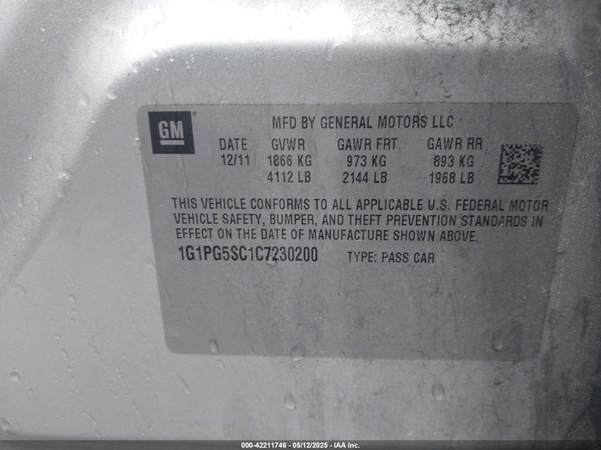 2012 Chevrolet Cruze VIN 1G1PG5SC1C7230200 COPART salvage auction — Normal Wear & Tear, Clear (North Carolina), sold $650 on 2025-05-26 (photo 9)