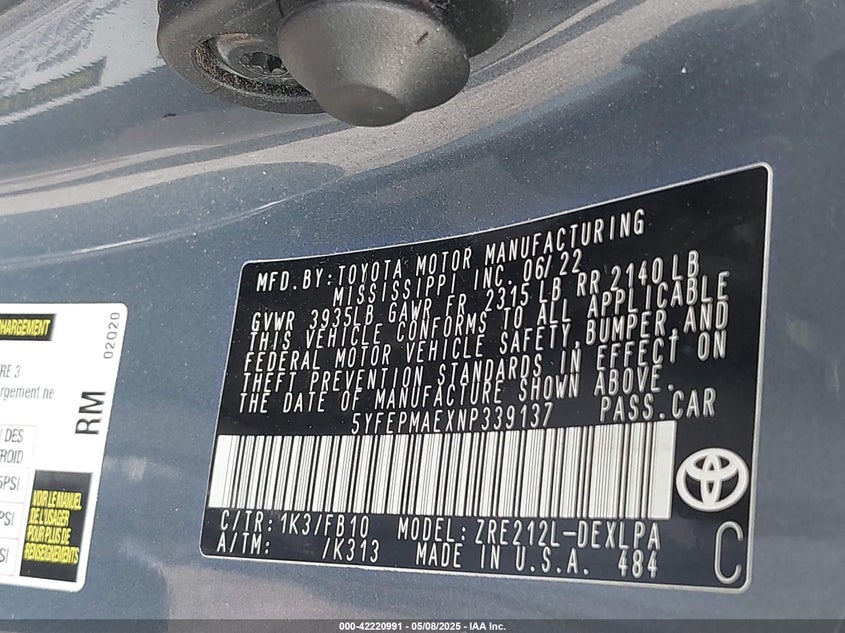 2022 Toyota Corolla VIN 5YFEPMAEXNP339137 IAAI salvage auction — REAR END, Salvage Title, sold $7,950 on 2026-08-03 (photo 9)