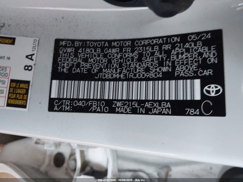 2024 Toyota Corolla VIN JTDBDMHE1RJ009804 IAAI salvage auction — RIGHT SIDE, Salvage (Oregon), sold $8,550 on 2026-07-09 (photo 9)