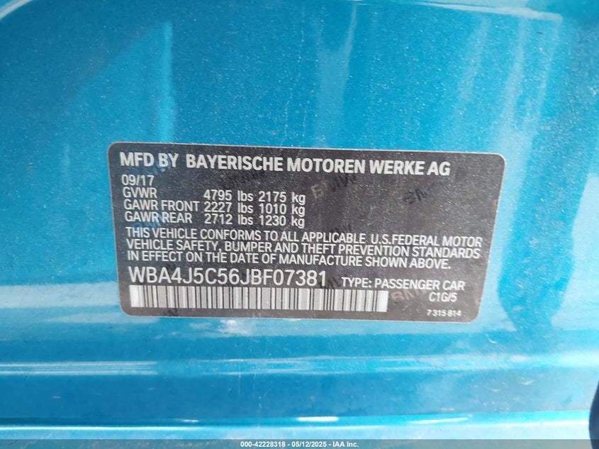 2018 BMW 440i gran coupe VIN WBA4J5C56JBF07381 IAAI salvage auction — SIDE, Salvage Title, sold $6,700 on 2026-08-02 (photo 9)