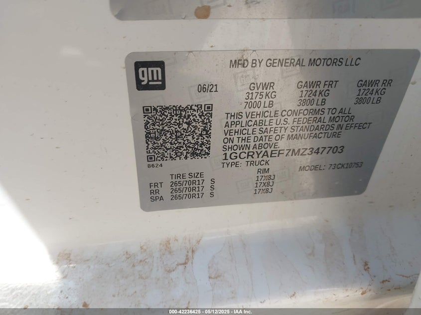 2021 Chevrolet Silverado 1500 VIN 1GCRYAEF7MZ347703 IAAI salvage auction — REAR END, Salvage Title, sold $8,975 on 2026-08-20 (photo 9)
