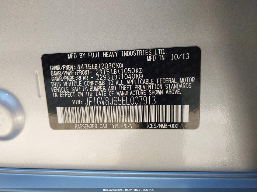 2014 Subaru Impreza wrx VIN JF1GV8J65EL007913 COPART salvage auction — Front End, Salvage (California), sold $3,325 on 2025-06-09 (photo 9)