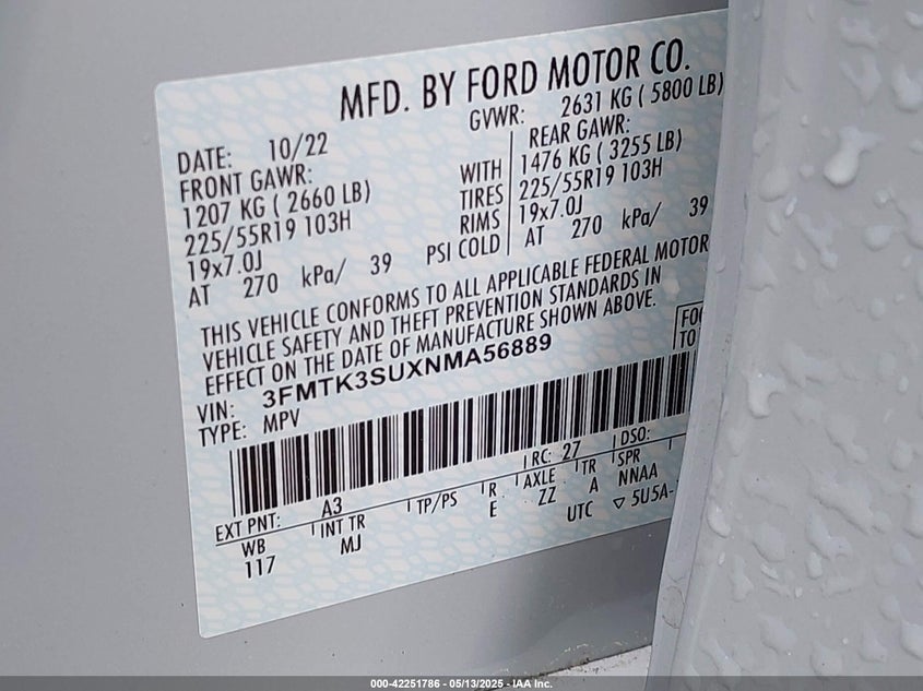 2022 Ford Mustang mach-e VIN 3FMTK3SUXNMA56889 IAAI salvage auction — EXTERIOR BURN, Salvage (Virginia), sold $9,700 on 2026-07-06 (photo 9)