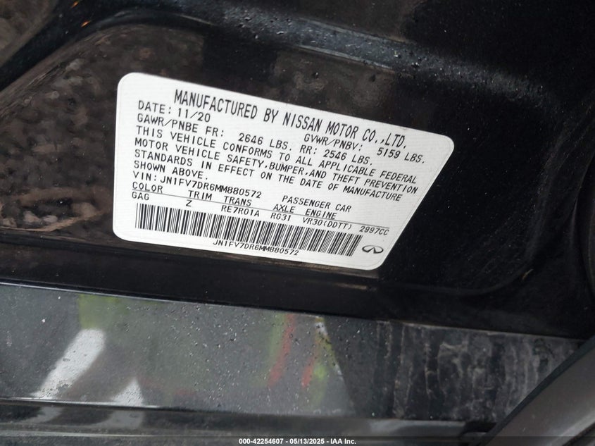 2021 Infiniti Q50 VIN JN1FV7DR6MM880572 IAAI salvage auction — LEFT & RIGHT, Salvage Title, sold $1,050 on 2026-07-21 (photo 9)