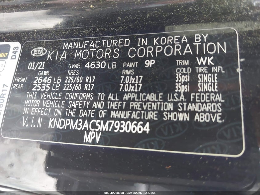 2021 Kia Sportage VIN KNDPM3AC5M7930664 IAAI salvage auction — RIGHT FRONT, Salvage (Georgia), sold $3,950 on 2026-07-14 (photo 9)
