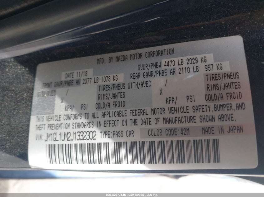 2018 Mazda Mazda6 VIN JM1GL1UM2J1332302 IAAI salvage auction — SIDE, Salvage Title, sold $2,850 on 2026-07-09 (photo 9)
