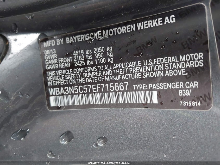 2014 BMW 428i VIN WBA3N5C57EF715667 IAAI salvage auction — FRONT END, Salvage (Indiana), sold $875 on 2026-07-08 (photo 9)