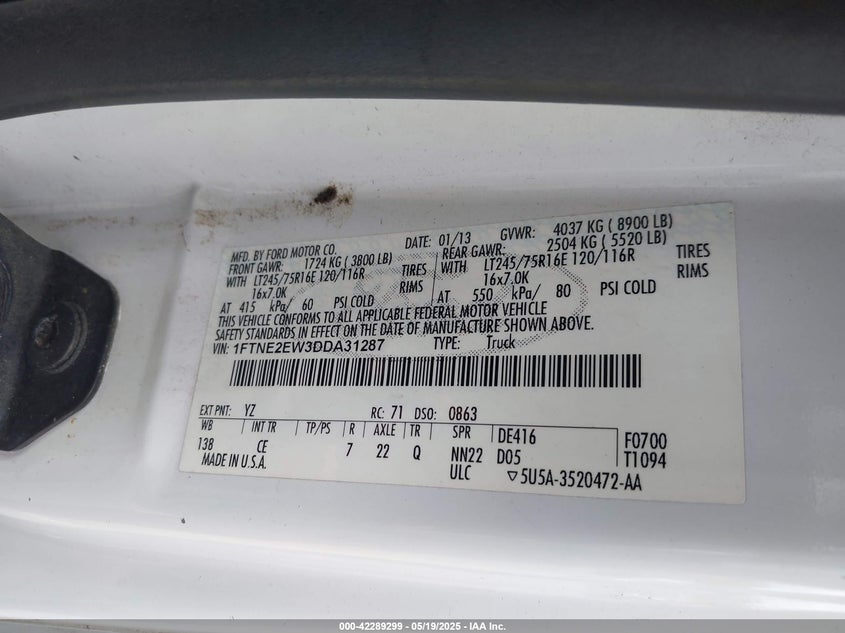 2013 Ford E 250 VIN 1FTNE2EW3DDA31287 IAAI salvage auction — NORMAL WEAR, Salvage Title, sold $1,400 on 2026-07-09 (photo 9)