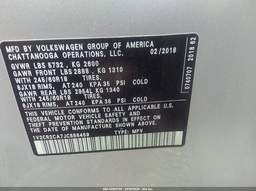 2018 Volkswagen Atlas VIN 1V2CR2CA7JC558459 IAAI salvage auction — STORM DAMAGE, Salvage Title, sold $3,325 on 2026-07-09 (photo 9)