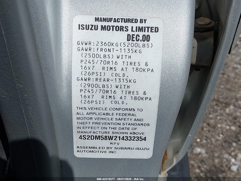 2001 Isuzu Rodeo VIN 4S2DM58W214332354 IAAI salvage auction — REAR END, Bill Of Sale (Georgia), sold $275 on 2026-07-10 (photo 9)