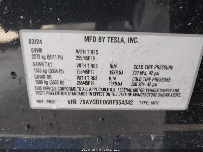2024 Tesla Model Y VIN 7SAYGDED6RF054342 IAAI salvage auction — Side, Rebuildable (Florida), sold $14,500 on 2026-05-22 (photo 9)