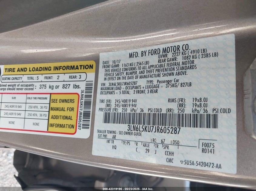 2018 Lincoln Mkz hybrid VIN 3LN6L5KU7JR605287 IAAI salvage auction — HAIL, Salvage Title, sold $3,700 on 2026-07-21 (photo 9)