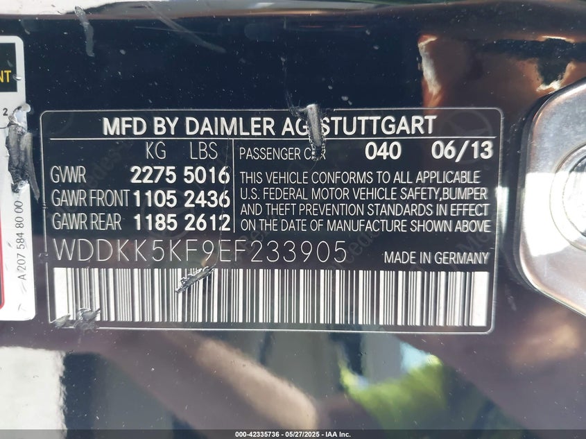 2014 Mercedes-benz E 350 VIN WDDKK5KF9EF233905 IAAI salvage auction — BIOHAZARD/CHEMICAL, Clear (Florida), sold $800 on 2026-07-20 (photo 9)