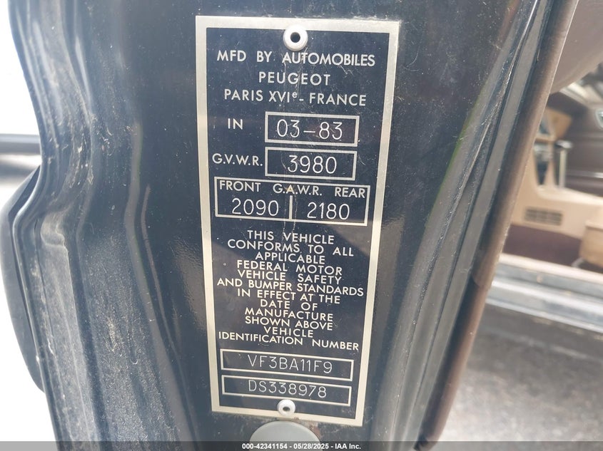 1983 Peugeot 505 VIN VF3BA11F9DS338978 IAAI salvage auction — ELECTRICAL, Bill Of Sale (Colorado), sold $550 on 2026-07-14 (photo 9)