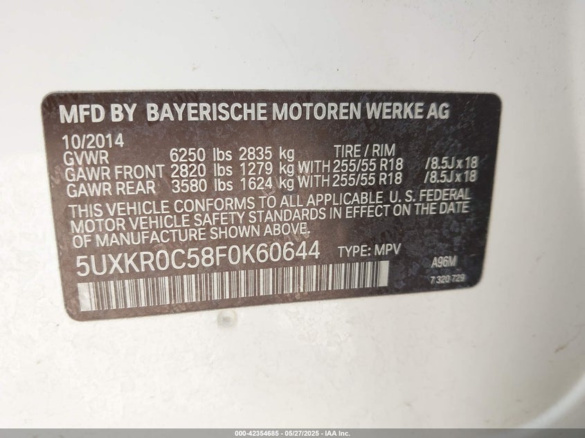 2015 BMW X5 VIN 5UXKR0C58F0K60644 IAAI salvage auction — HAIL, Salvage (Texas), sold $3,900 on 2026-07-29 (photo 9)