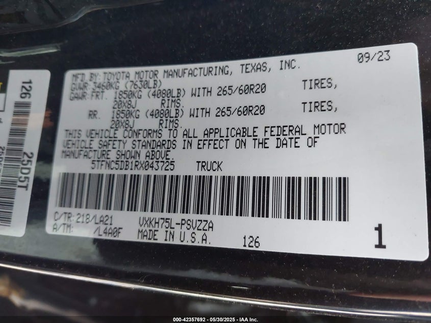 2024 Toyota Tundra VIN 5TFNC5DB1RX043725 IAAI salvage auction — ALL OVER, Regular (South Dakota), sold $8,250 on 2026-07-07 (photo 9)