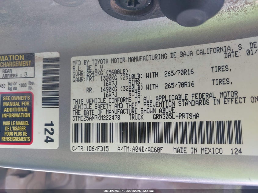 2019 Toyota Tacoma VIN 3TMCZ5AN7KM222478 IAAI salvage auction — FRONT END, Salvage Title, sold $8,800 on 2026-07-20 (photo 9)
