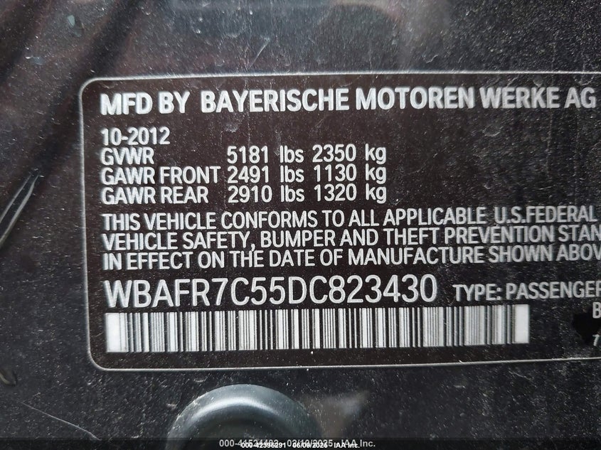 2013 BMW 5 series VIN WBAFR7C55DC823430 IAAI salvage auction — LEFT FRONT, Salvage Title, sold $750 on 2026-07-15 (photo 9)