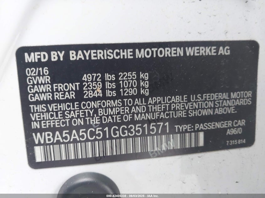 2016 BMW 528i VIN WBA5A5C51GG351571 IAAI salvage auction — FRONT END, Salvage Title, sold $4,500 on 2026-07-27 (photo 9)