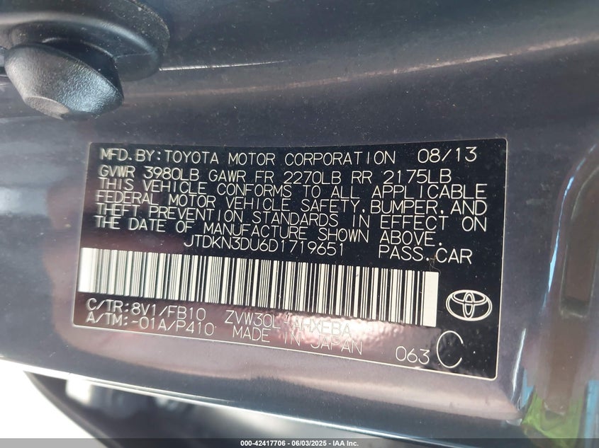 2013 Toyota Prius VIN JTDKN3DU6D1719651 IAAI salvage auction — FRONT END, Rebuildable (Florida), sold $450 on 2026-07-19 (photo 9)