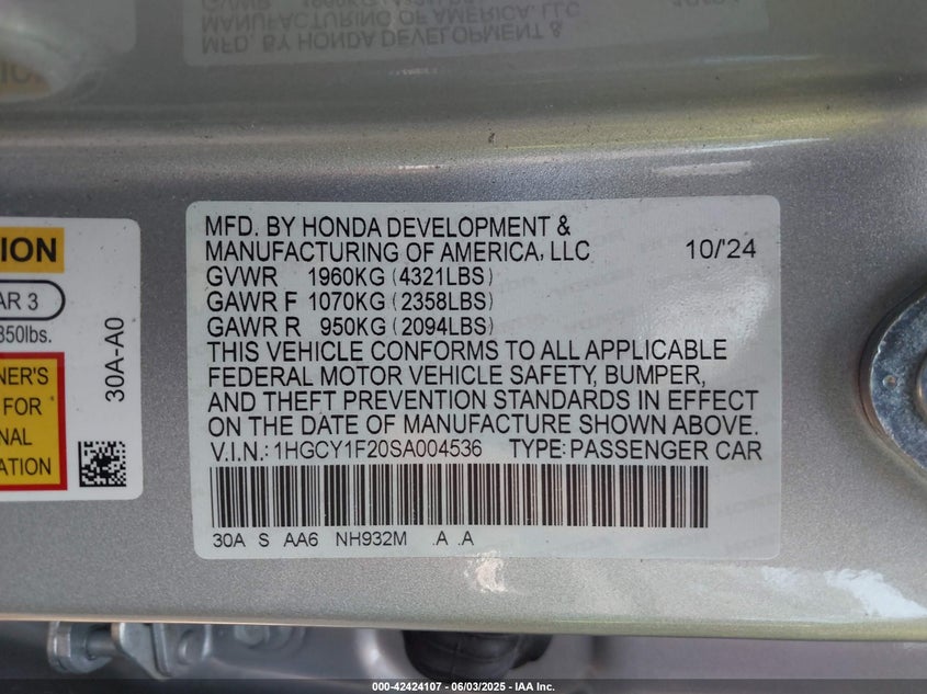 2025 Honda Accord VIN 1HGCY1F20SA004536 IAAI salvage auction — Front End, Salvage (Virginia), sold $8,250 on 2025-08-05 (photo 9)