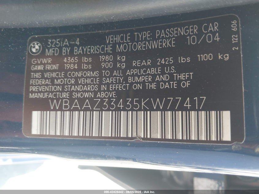 2005 BMW 3 series VIN WBAAZ33435KW77417 IAAI salvage auction — ALL OVER, Non-Repairable (California), sold $150 on 2026-07-20 (photo 9)