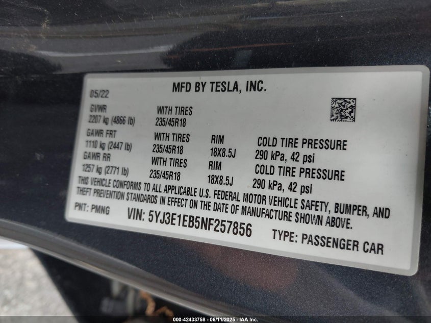 2022 Tesla Model 3 VIN 5YJ3E1EB5NF257856 IAAI salvage auction — FRONT END, Salvage Title, sold $14,450 on 2026-07-15 (photo 9)