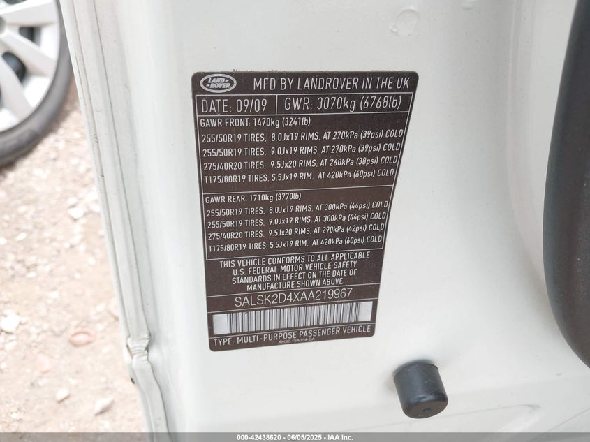 2010 Land rover Range rover sport VIN SALSK2D4XAA219967 IAAI salvage auction — UNKNOWN, Salvage (Alabama), sold $275 on 2026-07-08 (photo 9)