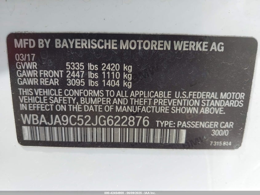 2018 BMW 530e VIN WBAJA9C52JG622876 IAAI salvage auction — FRONT END, Salvage (California), sold $5,500 on 2026-07-29 (photo 9)