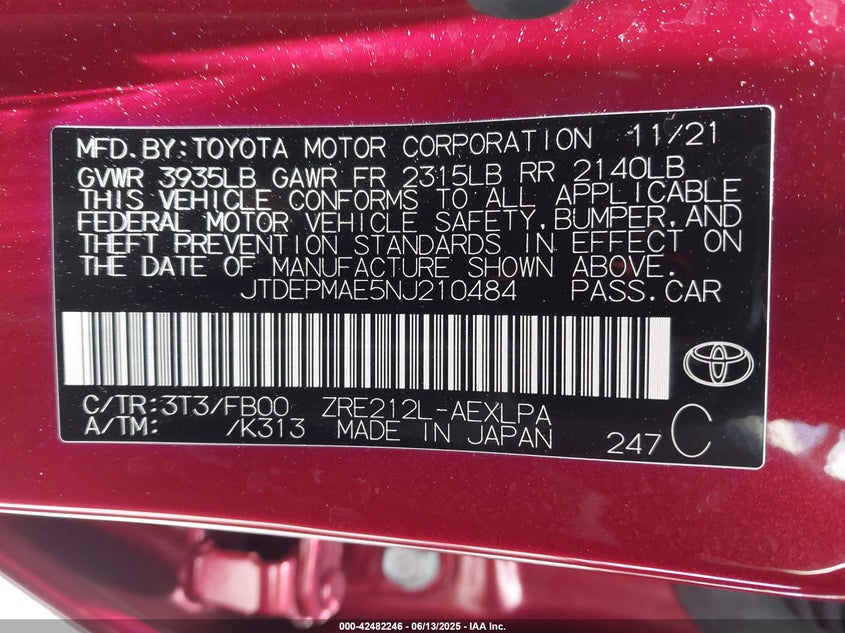 2022 Toyota Corolla VIN JTDEPMAE5NJ210484 IAAI salvage auction — FRONT END, Rebuildable (Florida), sold $3,500 on 2026-08-01 (photo 9)
