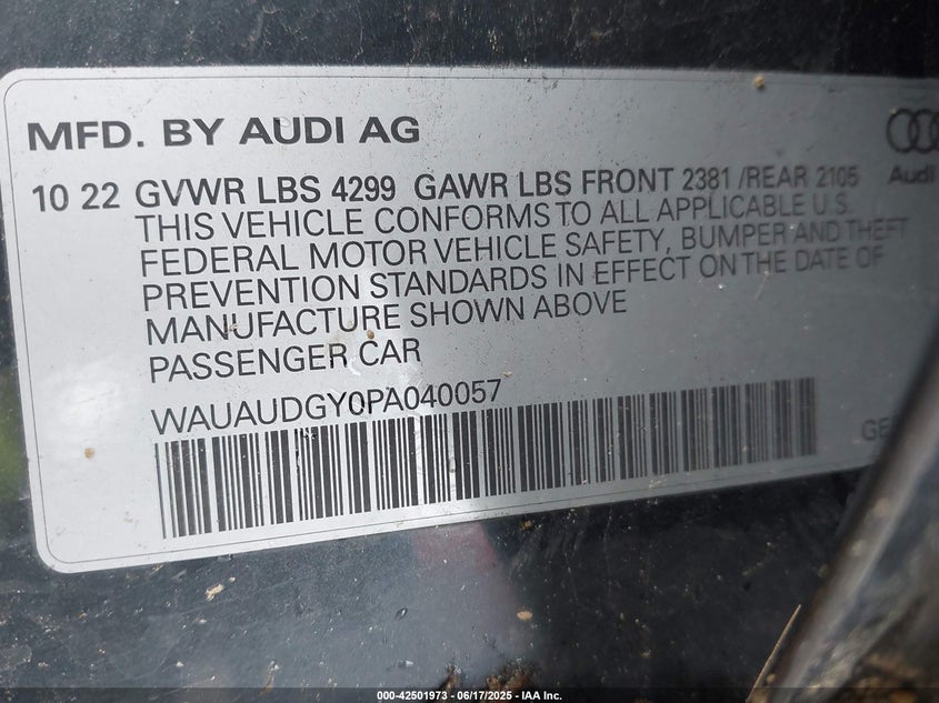 2023 Audi A3 VIN WAUAUDGY0PA040057 IAAI salvage auction — FRONT END, Salvage Title, sold $300 on 2026-07-23 (photo 9)