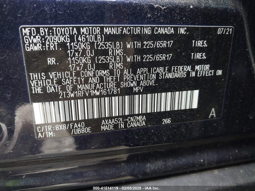 2021 Toyota Rav4 VIN 2T3W1RFV1MW161781 IAAI salvage auction — REAR END, Salvage (Indiana), sold $11,100 on 2026-07-23 (photo 9)