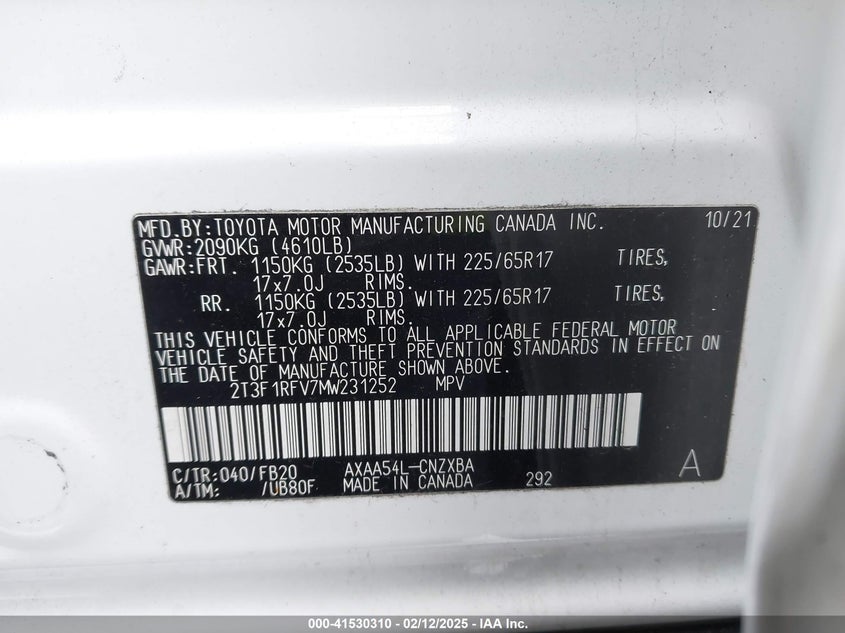 2021 Toyota Rav4 VIN 2T3F1RFV7MW231252 IAAI salvage auction — SIDE, Salvage Title, sold $7,800 on 2026-08-20 (photo 9)