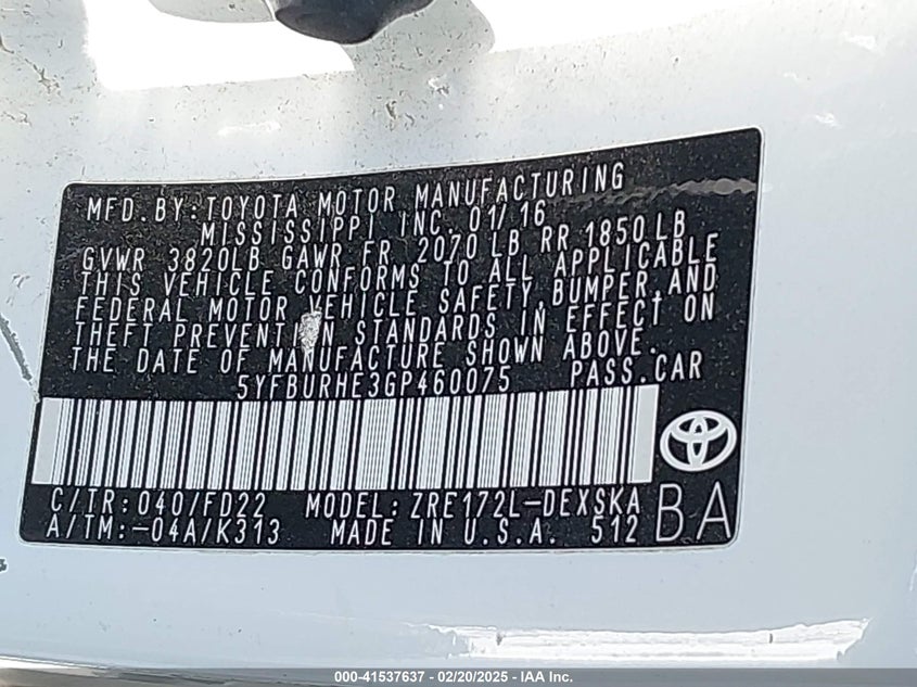 2016 Toyota Corolla VIN 5YFBURHE3GP460075 IAAI salvage auction — FRONT END, Junk (Oklahoma), sold $1,300 on 2026-07-07 (photo 9)