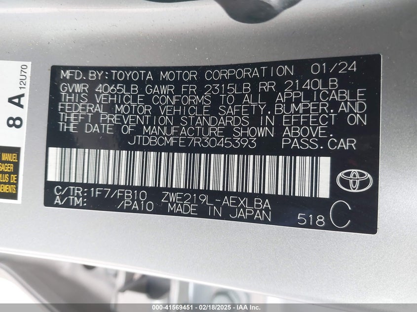 2024 Toyota Corolla VIN JTDBCMFE7R3045393 IAAI salvage auction — FRONT END, Original (Texas), sold $5,525 on 2026-07-13 (photo 9)