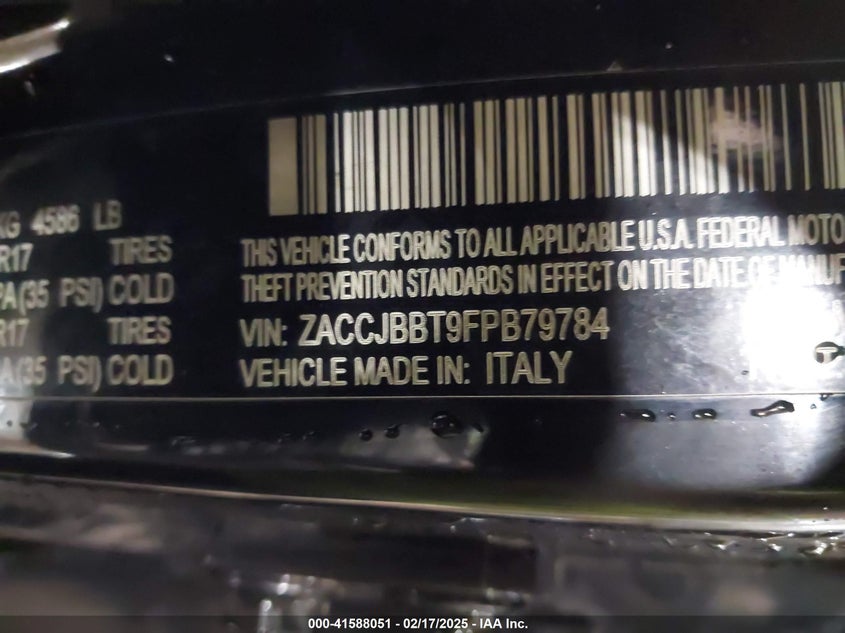 2015 Jeep Renegade VIN ZACCJBBT9FPB79784 IAAI salvage auction — FRONT END, Salvage Title, sold $25 on 2026-08-21 (photo 9)