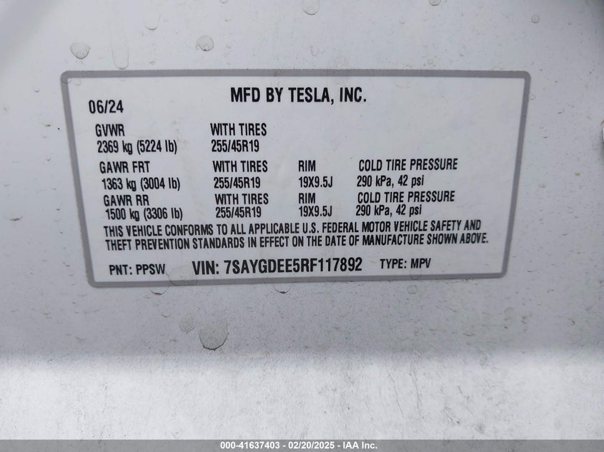 2024 Tesla Model y VIN 7SAYGDEE5RF117892 IAAI salvage auction — FRONT END, Bill Of Sale (Washington), sold $13,725 on 2026-07-08 (photo 9)
