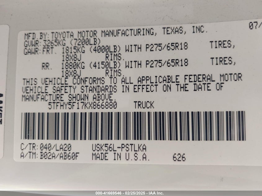 2019 Toyota Tundra VIN 5TFHY5F17KX866880 IAAI salvage auction — FRONT END, Salvage Title, sold $9,200 on 2026-07-21 (photo 9)