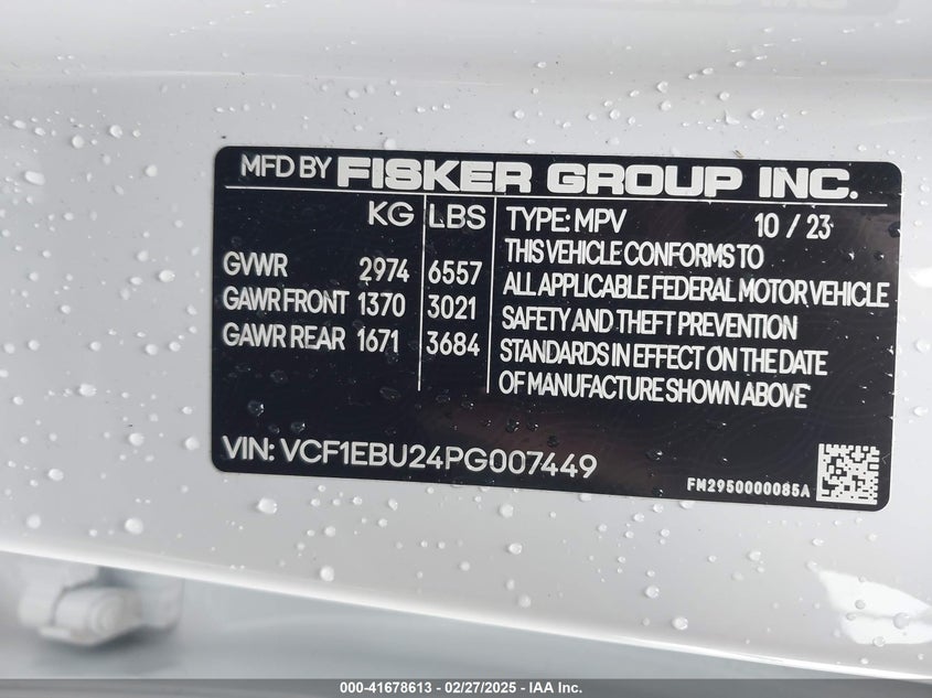 2023 Fisker Ocean VIN VCF1EBU24PG007449 IAAI salvage auction — REAR END, Salvage Title, sold $10,300 on 2026-08-26 (photo 9)