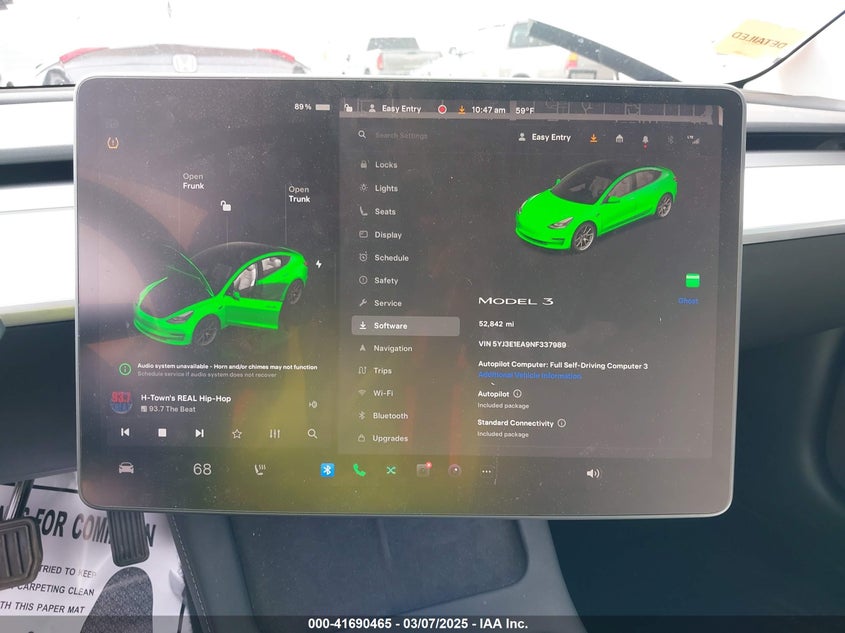 2022 Tesla Model 3 VIN 5YJ3E1EA9NF337989 COPART salvage auction — Front End, Clear (Texas), sold $7,600 on 2025-04-17 (photo 7)