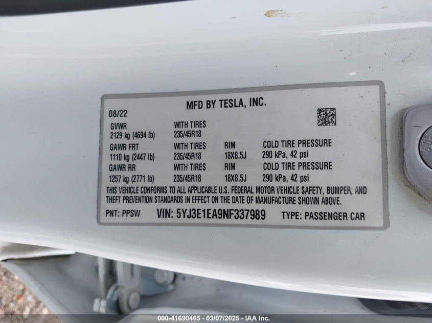 2022 Tesla Model 3 VIN 5YJ3E1EA9NF337989 COPART salvage auction — Front End, Clear (Texas), sold $7,600 on 2025-04-17 (photo 9)