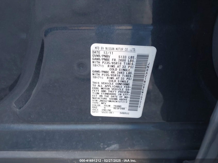 2012 Nissan Murano VIN JN8AZ1MU9CW107213 IAAI salvage auction — LEFT REAR, Clear (Tennessee), sold $500 on 2026-07-30 (photo 9)